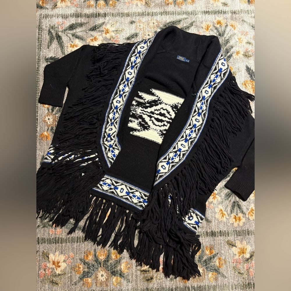 Polo by Ralph Lauren Black Fringe Cardigan with Blue & White Trim